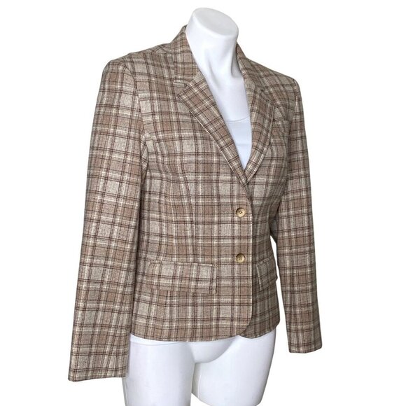 Pendleton Vintage Beige Plaid 100% Virgin Wool Blazer, Long Sleeves Women's 10 - Picture 3 of 10